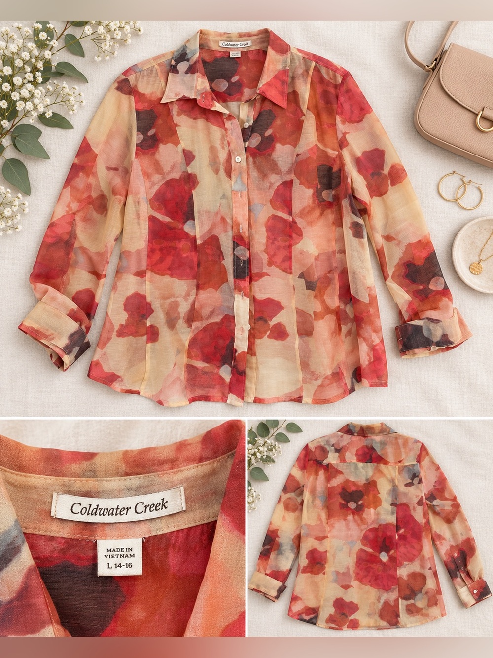 Coldwater Creek Watercolor Floral Button-Front Blouse – Large 14–16 - Picture 2 of 4